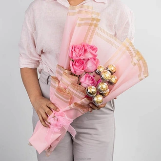 Glow-up Bouquet Fresh Pink Rose And Ferrero Rocher Chocolates Fo